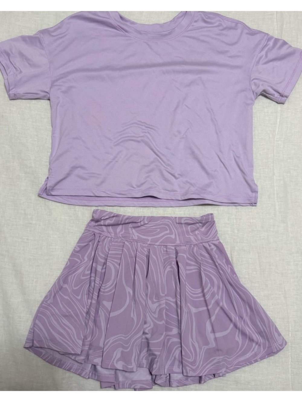 Girls Lavender Marble Print Two-Piece Active Set- Cropped Tee & Pleated Skort